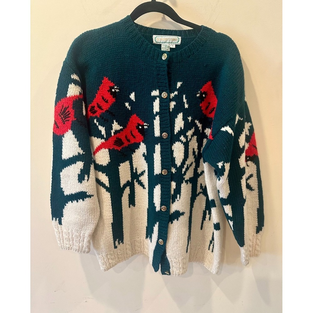 Quissett Cove Womens Sz L Green White Cardinals Wool Cardigan RARE Cottagecore